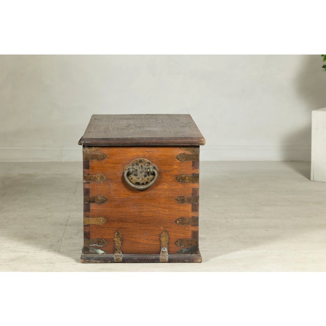 Antique Wood Trunk with Ornamental Metalwork and Brass Hardware For Sale - Image 11 of 12