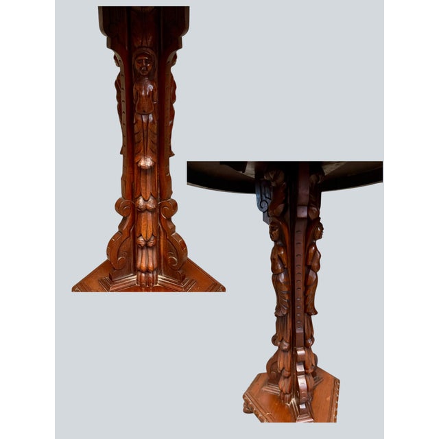 Wood Antique Carved Pedestal Table Figural Base-Lion Paw Feet-Side-Accent-Victorian For Sale - Image 7 of 11