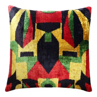 Hand-Knotted Silk Velvet Ikat Pillow - 16x16 Bold Bauhaus Multi For Sale