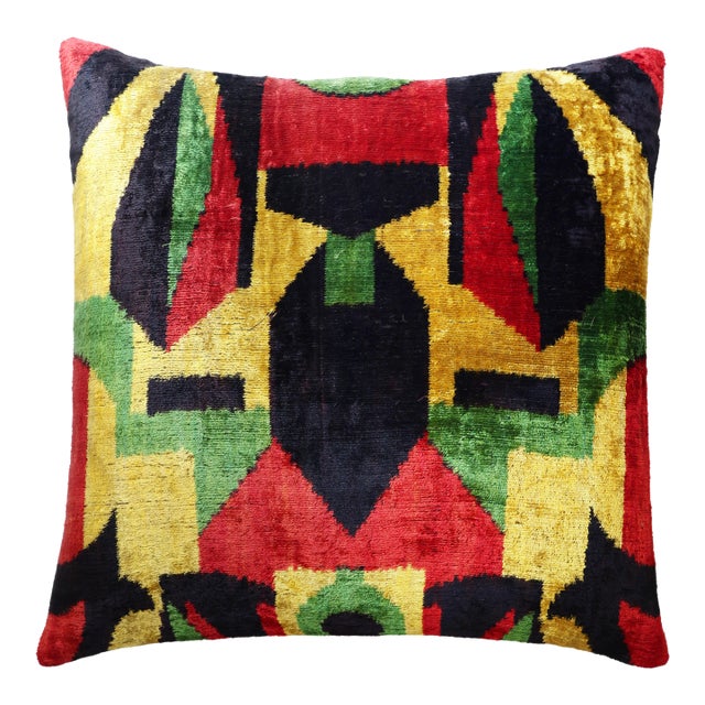 Hand-Knotted Silk Velvet Ikat Pillow - 16x16 Bold Bauhaus Multi For Sale