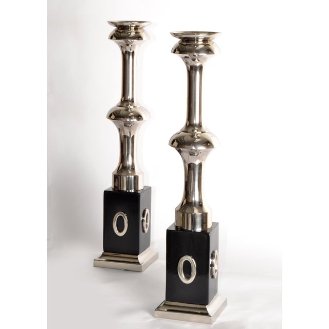 Pair of Art Deco Style heavy and substantial votive Nickel Candle Holders on decorative Black Metal Bases. Features 2...
