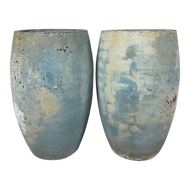 Pair of Large Atelier Vierkant Style Planters - Ocean Blue Patina Barrel Pots For Sale