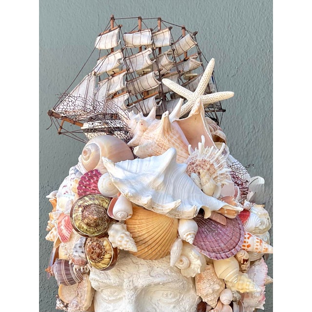 Vintage Shell Encrusted Bust of Man With Sailing Ship For Sale - Image 9 of 12