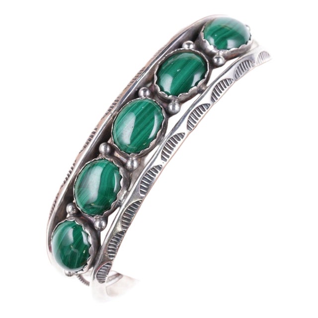 6.5" Vintage Larry Moses Yazzie Navajo Sterling and malachite bracelet For Sale
