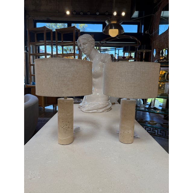 1970s 1970s Travertine Cylinder Table Lamps With Linen Drum Shades - a Pair For Sale - Image 5 of 12