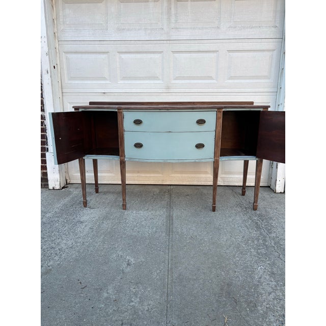 Blue 1920s Painted Sideboard Buffet | Antique Bow Front Server | Hepplewhite Revival Cabinet | Blue Wood Credenza | Farmhouse Cottage Wood Buffet For Sale - Image 8 of 12