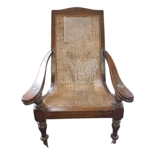 Antique British Colonial Teak Planter's Chair - Hand Woven Cane For Sale