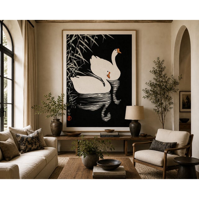 Paper White Chinese Geese Swimming, Vintage Japanese Woodblock Print Reproduction, 40" X 60" For Sale - Image 7 of 11