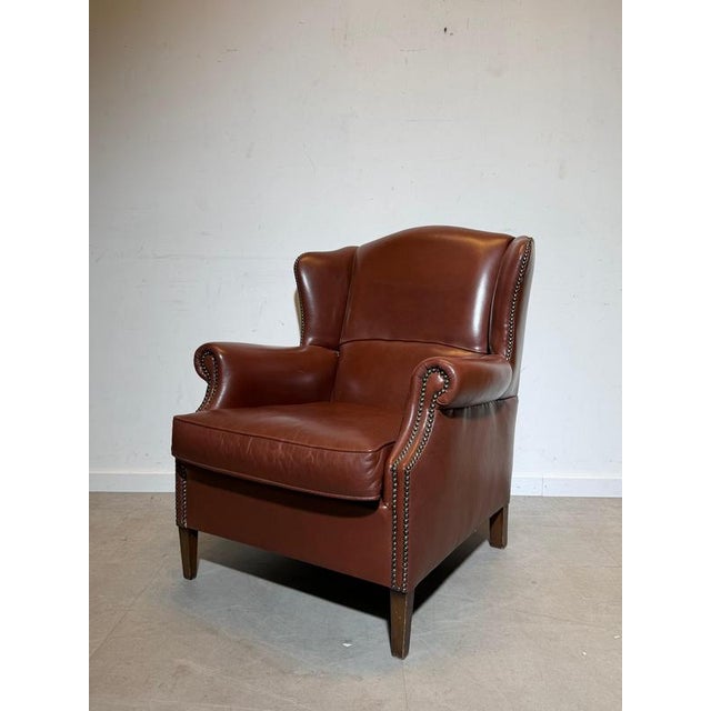 Wood Vintage Tobacco Brown Leather Wingchair For Sale - Image 7 of 7