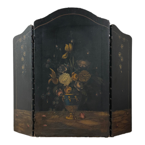 Antique Victorian Italian Italian Leather Firescreen Still Life With Urn and Flowers (Oil on Leather)