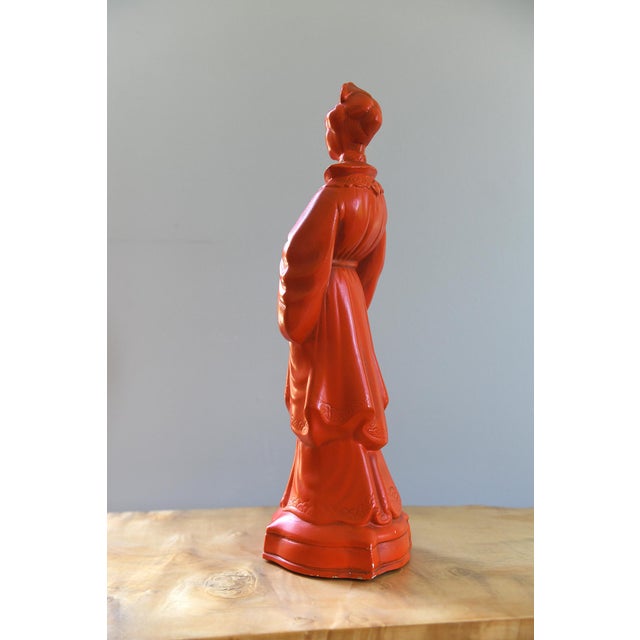 Pair of Vintage Orange/Vermilion Chalkware Emperor and Empress Statues From the Personal Collection of Artist Tawny Chatmon For Sale - Image 9 of 11