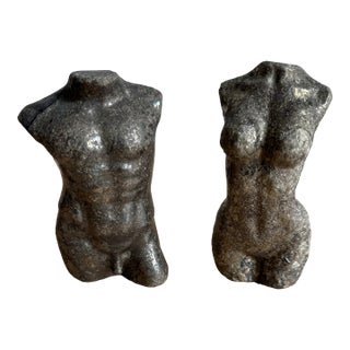 Pair of Solid Pyrite Male & Female Torso Sculptures / Bookends For Sale