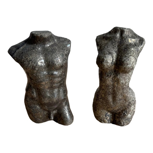 Pair of Solid Pyrite Male & Female Torso Sculptures / Bookends For Sale
