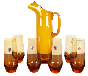 Mid-Century German Jagdhaus Series Amber Glass Carafe and Drinking Glasses by Wilhelm Braun-Feldweg for Hirschberg, 1960s, Set of 7