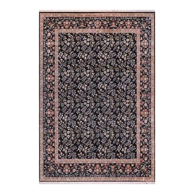 Shabby Chic Floral 1990's Pak-Persian Black/Rust Wool Rug - 12'1'' X 15'2'' For Sale