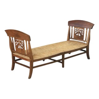 Long French Day Bed or Window Seat of Rush and Patinated Cherrywood For Sale