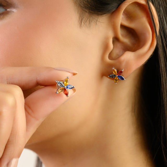 Metal Modernist Silver Multi Sapphire Starburst Stud Earrings for Daughter- 2 Pieces For Sale - Image 7 of 10