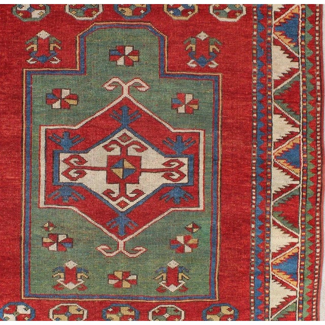Antique Caucasian Fachralo Kazak With Tribal Design in Green, Red and Ivory 3'9 X 4'2 For Sale In Atlanta - Image 6 of 7