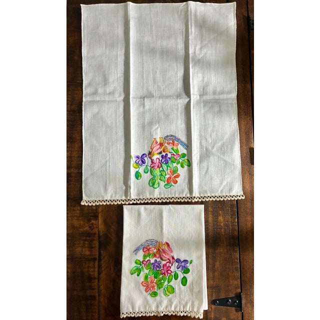 Textile Vintage Hand Painted Hand Towel / Tea Towels or Kitchen Towel Lace Trim Ivory With Floral Bird Painting For Sale - Image 7 of 9