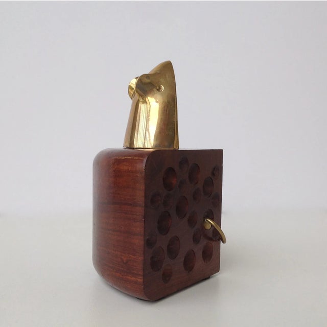 Mid-Century Modern Vintage 1970s Brass Mouse & Wood Cheese Figure For Sale - Image 3 of 6