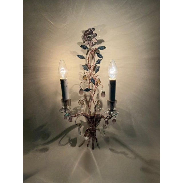Wall Lights with Crystal Glass Flowers and Marbled Metal attributed to Maison Baguès, 1950s, Set of 2 For Sale - Image 13 of 15