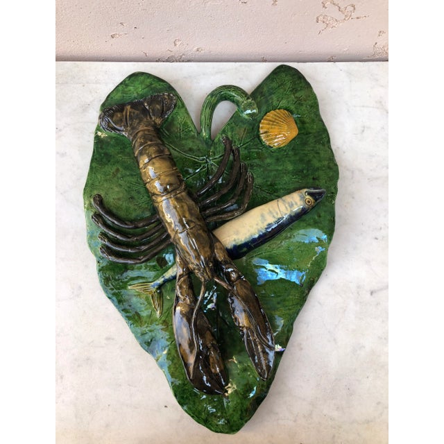 French 19th Century Majolica Palissy Leaf Wall Fish & Lobster Platter Alfred Renoleau For Sale - Image 3 of 12