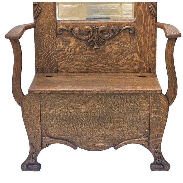 Brown Antique American Tiger Oak Hall Tree With Carved Crest, Beveled Mirror & Storage Bench, C. 1900 For Sale - Image 8 of 18