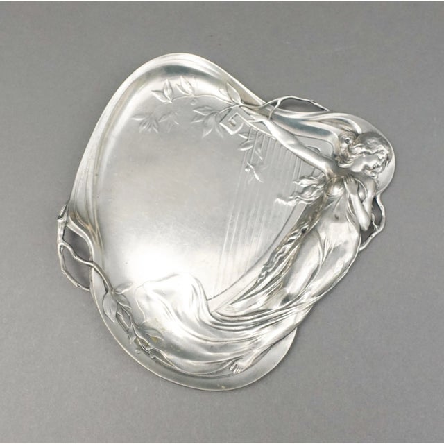 Achille Gamba (Italy 1881-1944) Art Nouveau Maiden & Harp 1155 Pewter Tray Plate. Measures approximately 9" long, 8 1/2"...