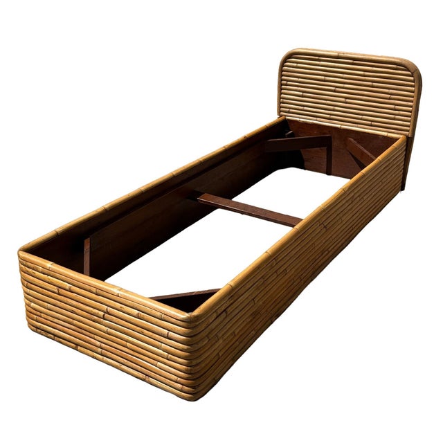 Mid-Century Modern Restored Paul Frankl Style Mid-Century Stacked Rattan Bed Single Size Bed Frame For Sale - Image 3 of 5