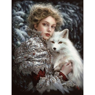 Pale Sanctuary by Alexandra Manukyan | Oil on Belgian Linen Portrait of a woman with a white fox. For Sale