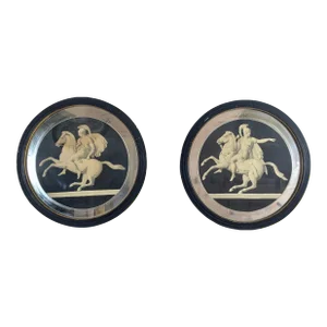 Antique 1900s Pair of Neoclassical Reverse Printed Mirrored Round Cartouche