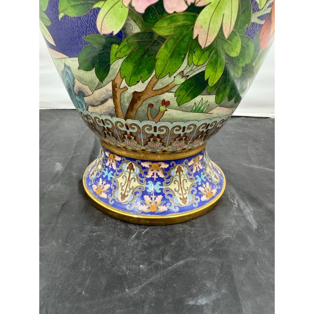 Large 20" Chinese Cloisonne Enamel Vase Cobalt Blue Birds Cherry Blossom Vintage For Sale - Image 4 of 12