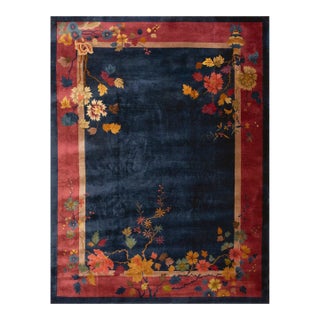 1920s Blue Navy Floral Antique Chinese Art Deco Rug 9' X 11'8" Handknotted Wool Carpet For Sale