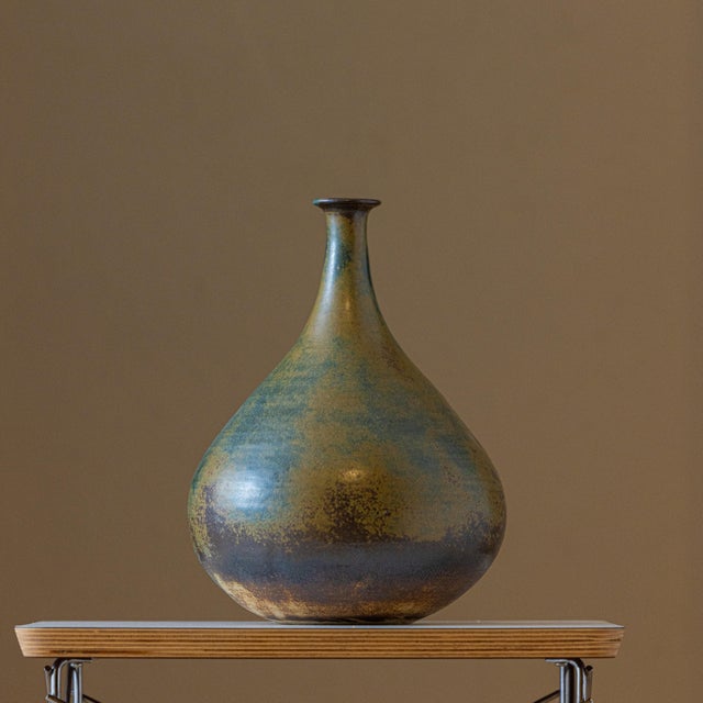 Mid-Century Modern Studio Pottery Teardrop Bottle Vase Signed Ms 17 For Sale - Image 4 of 10