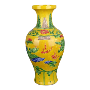 Chinese Vintage Ceramic Vase,Ming Dynasty Yongle Marked Yellow Ground Famille Verte Porcelain Vase Hand Painted Dragon and Phoenix Pattern