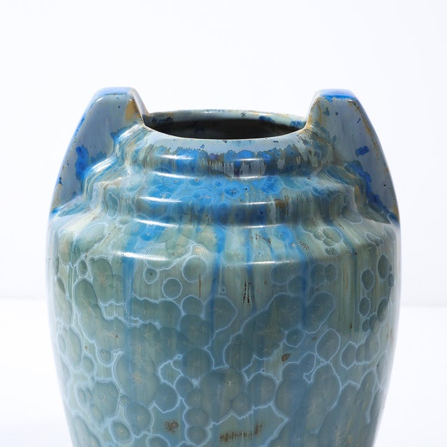 Art Deco Skyscraper Style Speckled Organic Blue Ceramic Vase Signed Pierrefonds For Sale In New York - Image 6 of 13