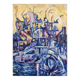 "Visions of the Metropolis #16" Harbor District Original Oil by Travis Flack For Sale