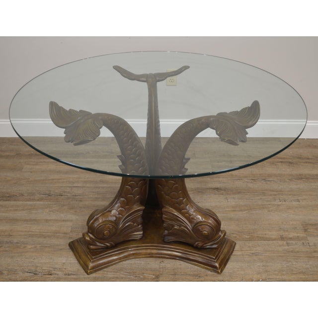 Italian Bronze Tri Dolphin Base Round Glass Top Dining or Center