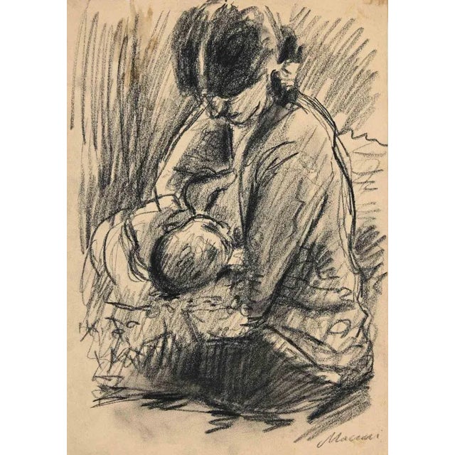 Feeding Time is an original Charcoal Drawing realized by Mino Maccari in mid-20th century. Good condition on a yellowed...