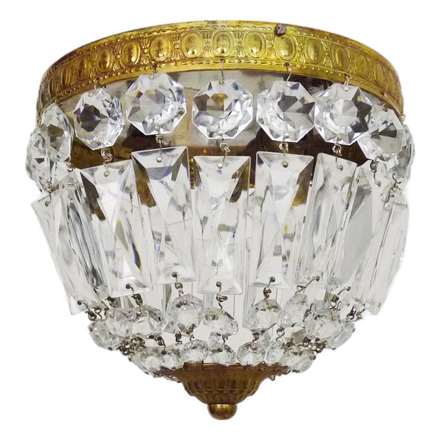 Louis XVI Style Crown-Shaped Half-Basket 2-Light Ceiling Light with Glass Pendants, 1960s For Sale