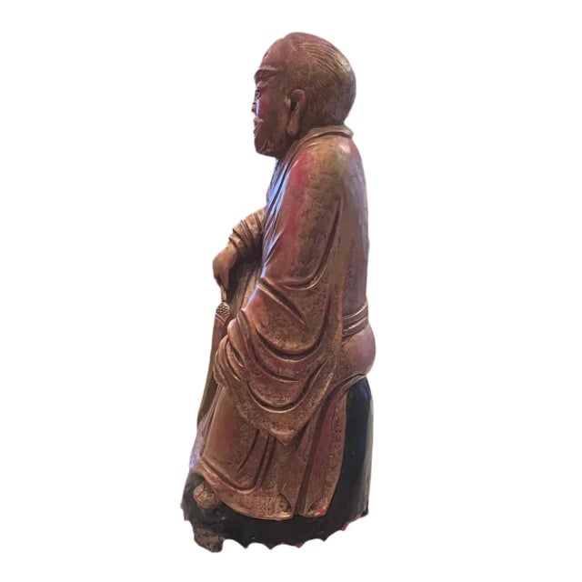 Antique Chinese Wood Hand Carved Monk Figurine For Sale - Image 4 of 6