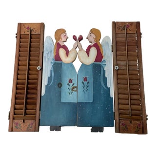 1940s Peter Hunt Style Blue Painted Wood Angel Window Shutters For Sale
