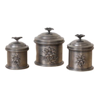 1930s French Pewter Floral Canisters, Set of 3 For Sale
