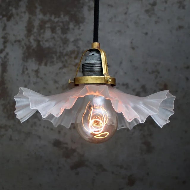 French Art Nouveau glass lamp Brass bulb holder with mat glass shade. 2 meter black cotton flex E27 / E26 Up to 250V...