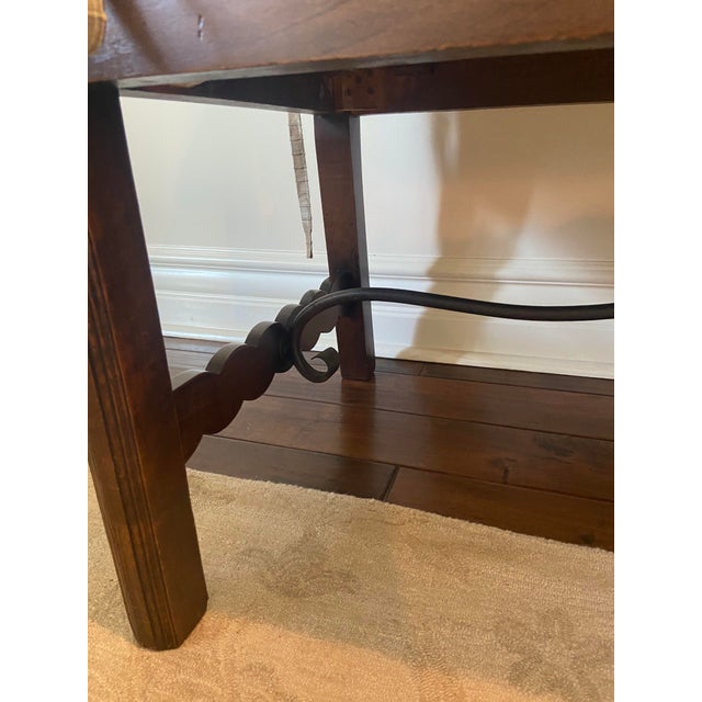 Mid 20th Century Antique Castilian Style Spanish Wood Bench With Custom Thai Silk Pillow For Sale In Los Angeles - Image 6 of 7