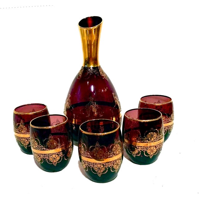 Amethyst Glass W/24k Gold Gilt Decanter Set S/6 Chairish