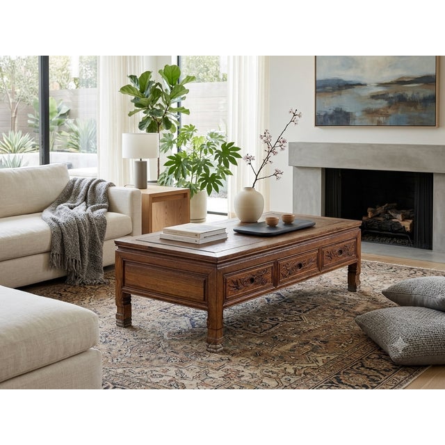 1970s Vintage Natural Wood Pattern Rectangular Drawers Low Coffee Table For Sale - Image 5 of 13