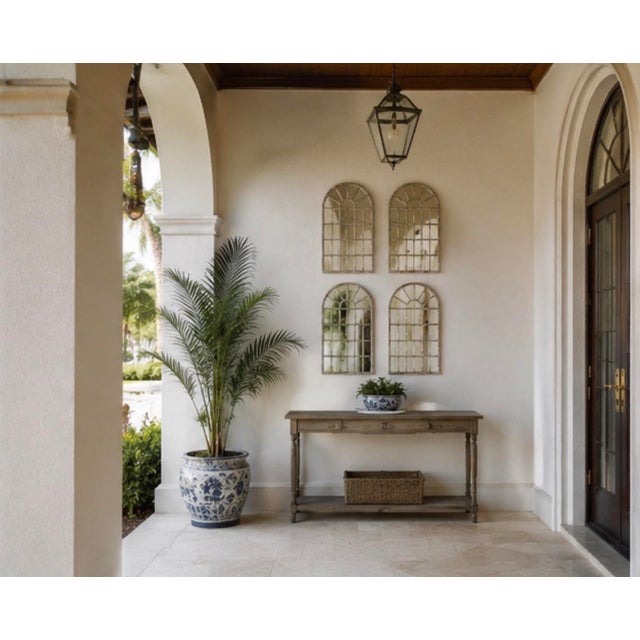 Greige Set of Four Vintage White-Washed Iron Arched Window-Style Wall Mirrors For Sale - Image 8 of 12