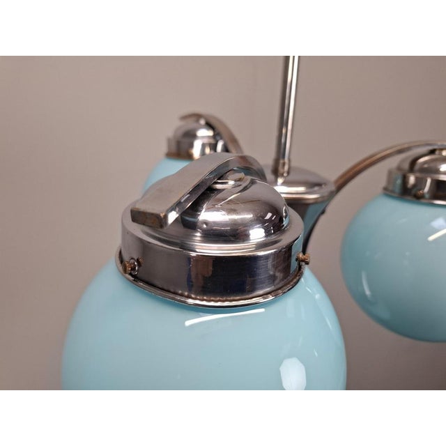Czech Art Deco Blue Opaline Glass and Chrome 4-Light Chandelier, 1930s For Sale - Image 14 of 18