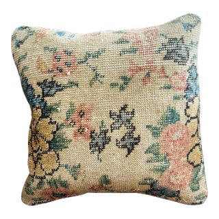 Vintage Turkish Isparta Rug Pillow Cover 16x16 – Floral Wool Cushion For Sale